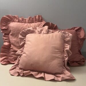 Vintage Mauve Pink Ruffled Square Throw Pillows 80s 90s Cottagecore Set Of 3